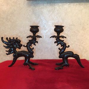 Pair of Antique Cast Iron Griffin Candlestick Holders